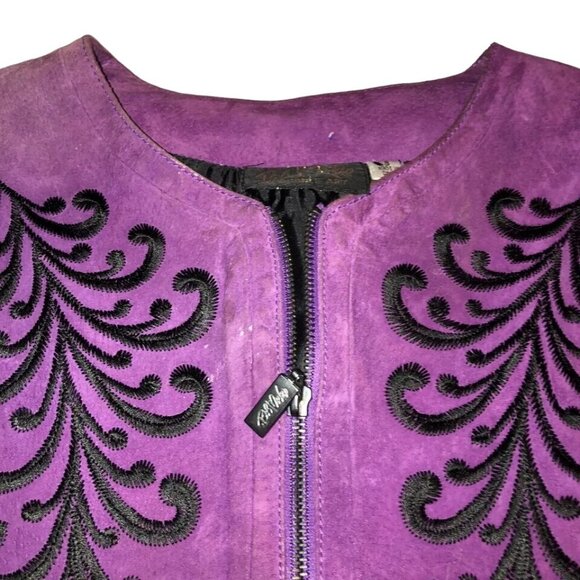 EMBROIDERED SUEDE PURPLE JACKET SZ S KNIT SLEEVES WEARABLE ART BOB MACKIE - Picture 2 of 4
